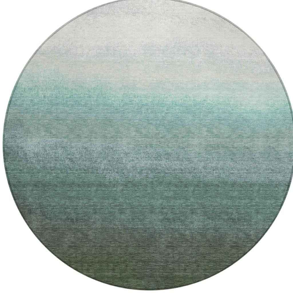 8' Pale Aqua And Gray Round Ombre Washable Indoor Outdoor Area Rug