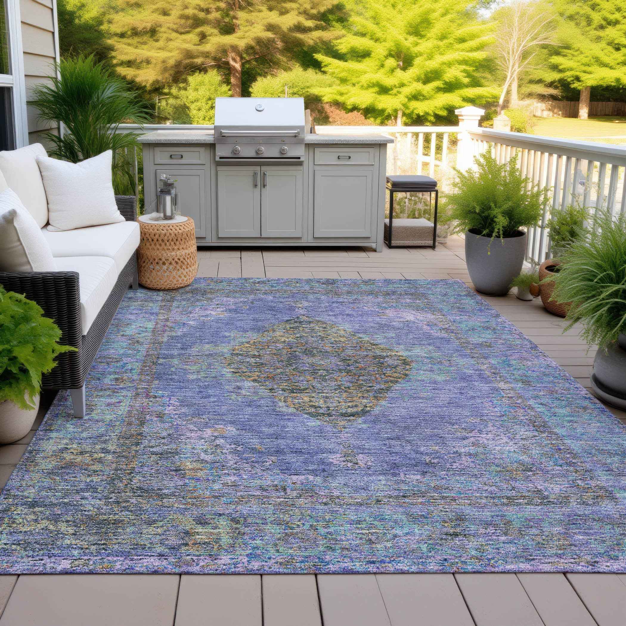 5' X 8' Purple And Gold Medallion Washable Indoor Outdoor Area Rug