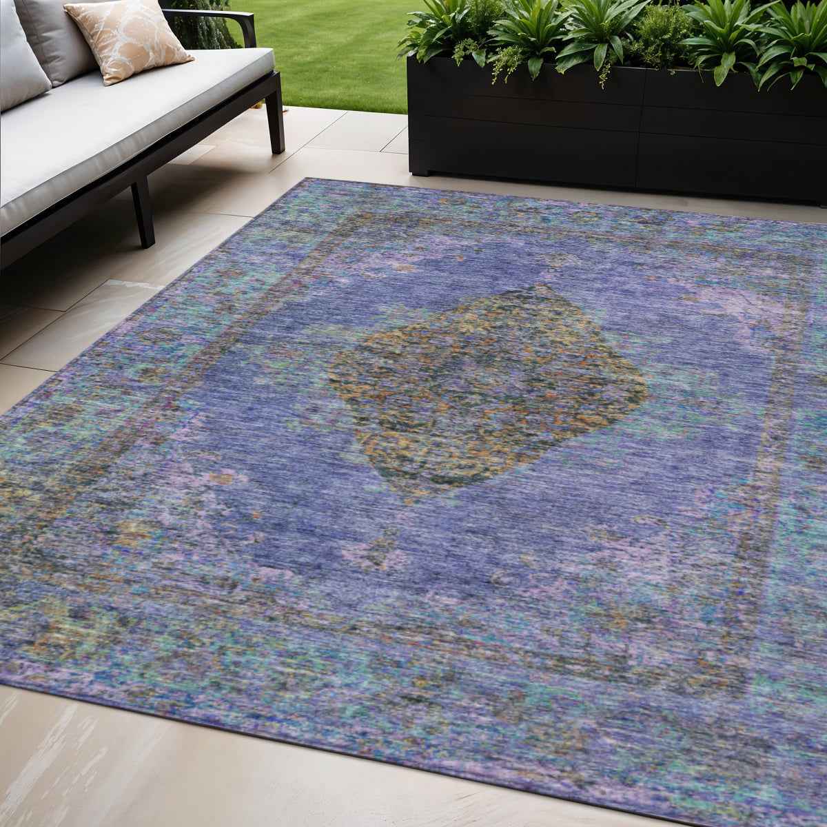 5' X 8' Purple And Gold Medallion Washable Indoor Outdoor Area Rug