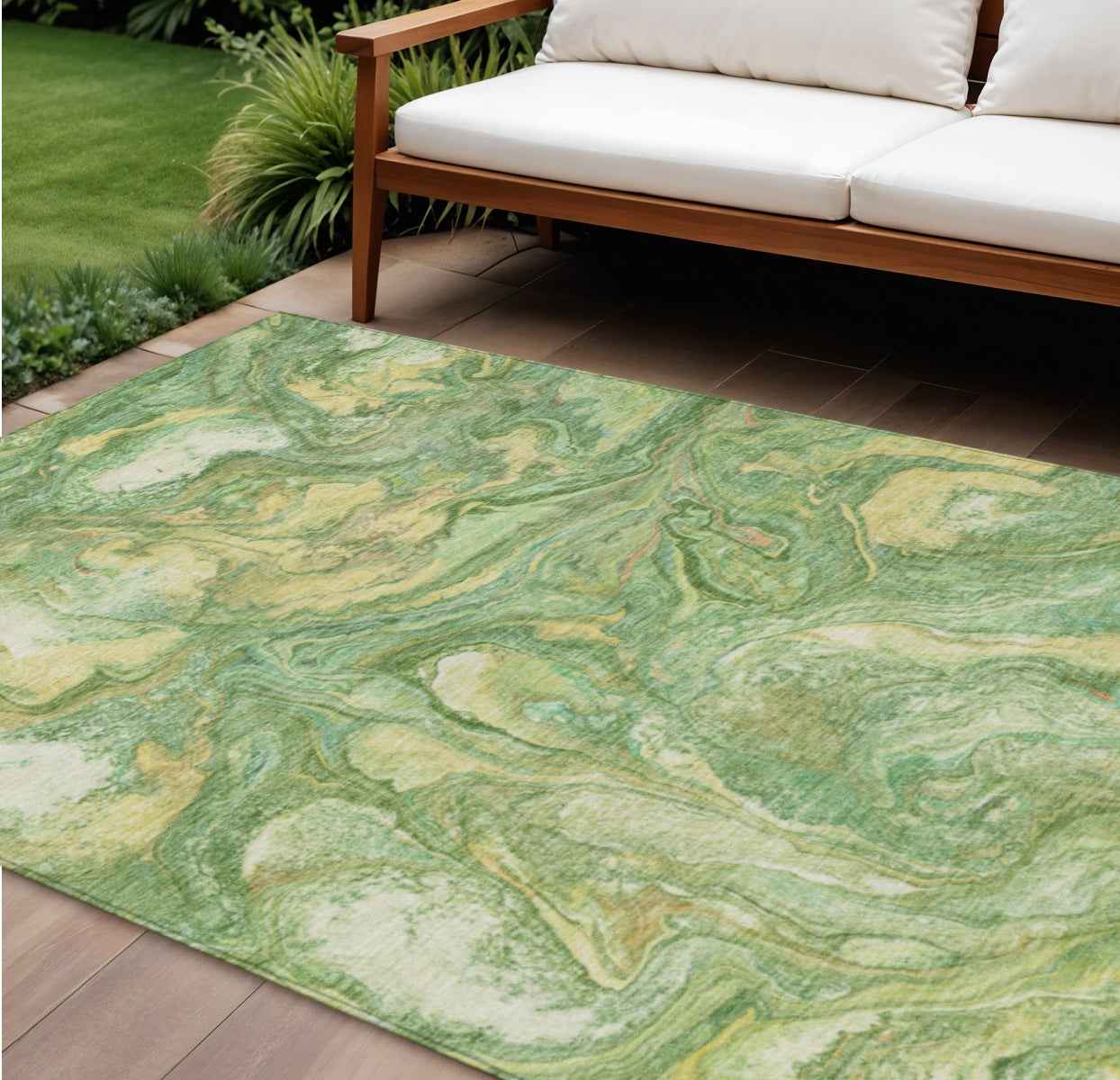 10' X 14' Green And Gold Abstract Washable Indoor Outdoor Area Rug