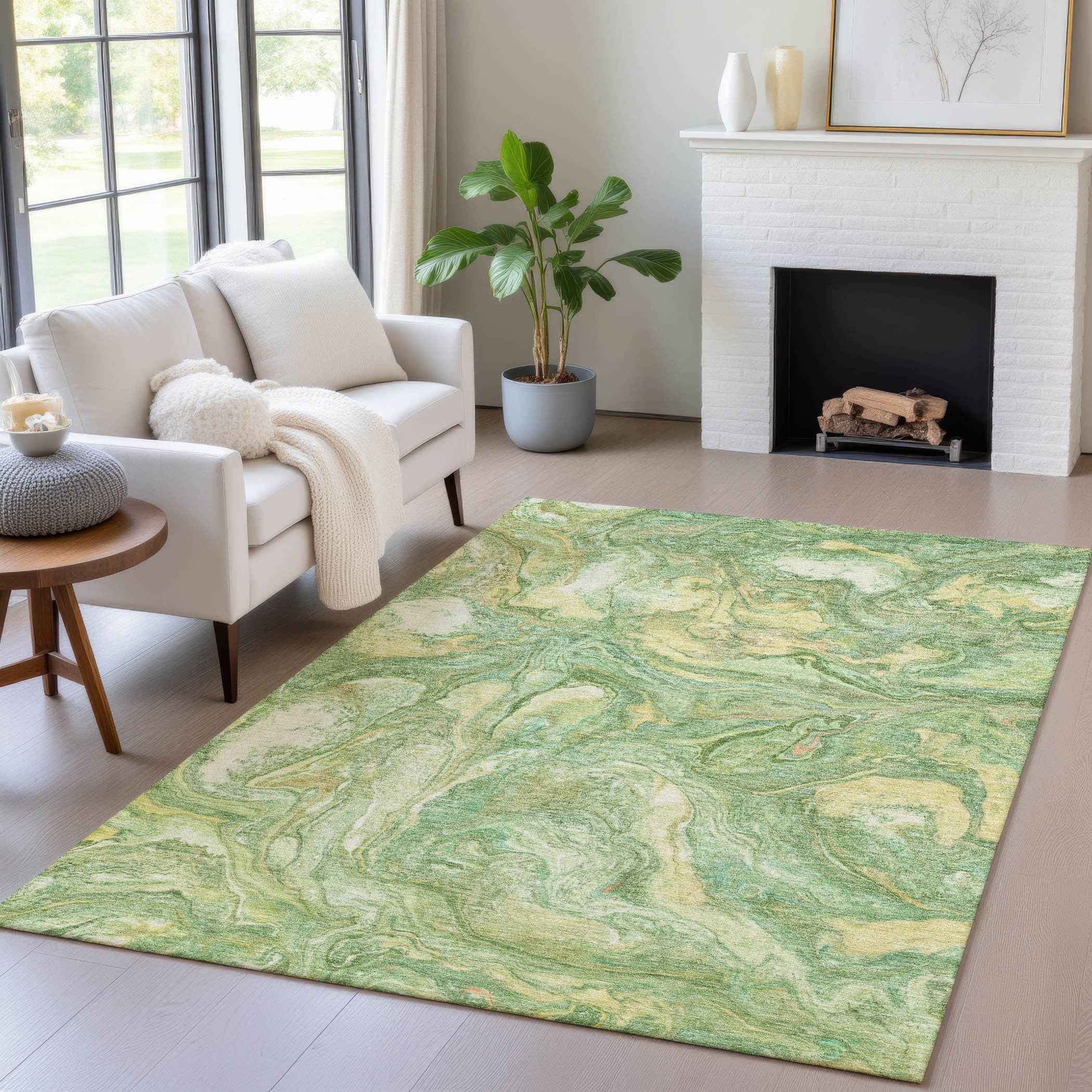 10' X 14' Green And Gold Abstract Washable Indoor Outdoor Area Rug