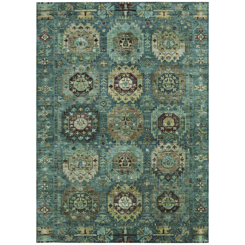 10' X 14' Teal Blue Brown And Taupe Medallion Washable Indoor Outdoor Area Rug