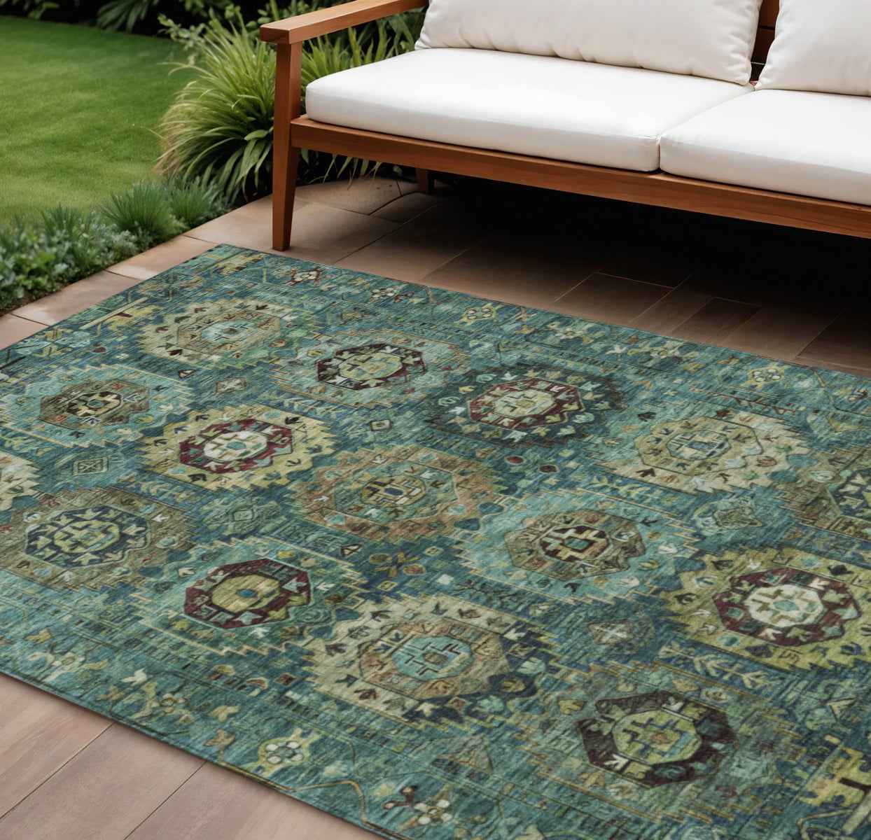 10' X 14' Teal Blue Brown And Taupe Medallion Washable Indoor Outdoor Area Rug