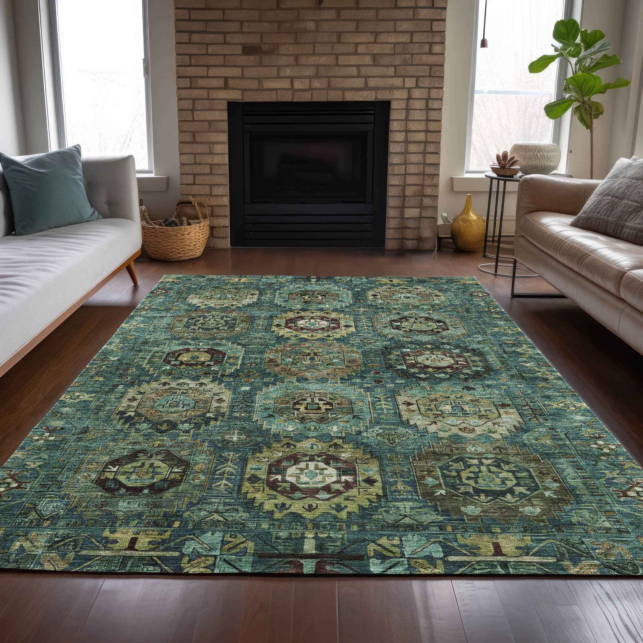 10' X 14' Teal Blue Brown And Taupe Medallion Washable Indoor Outdoor Area Rug