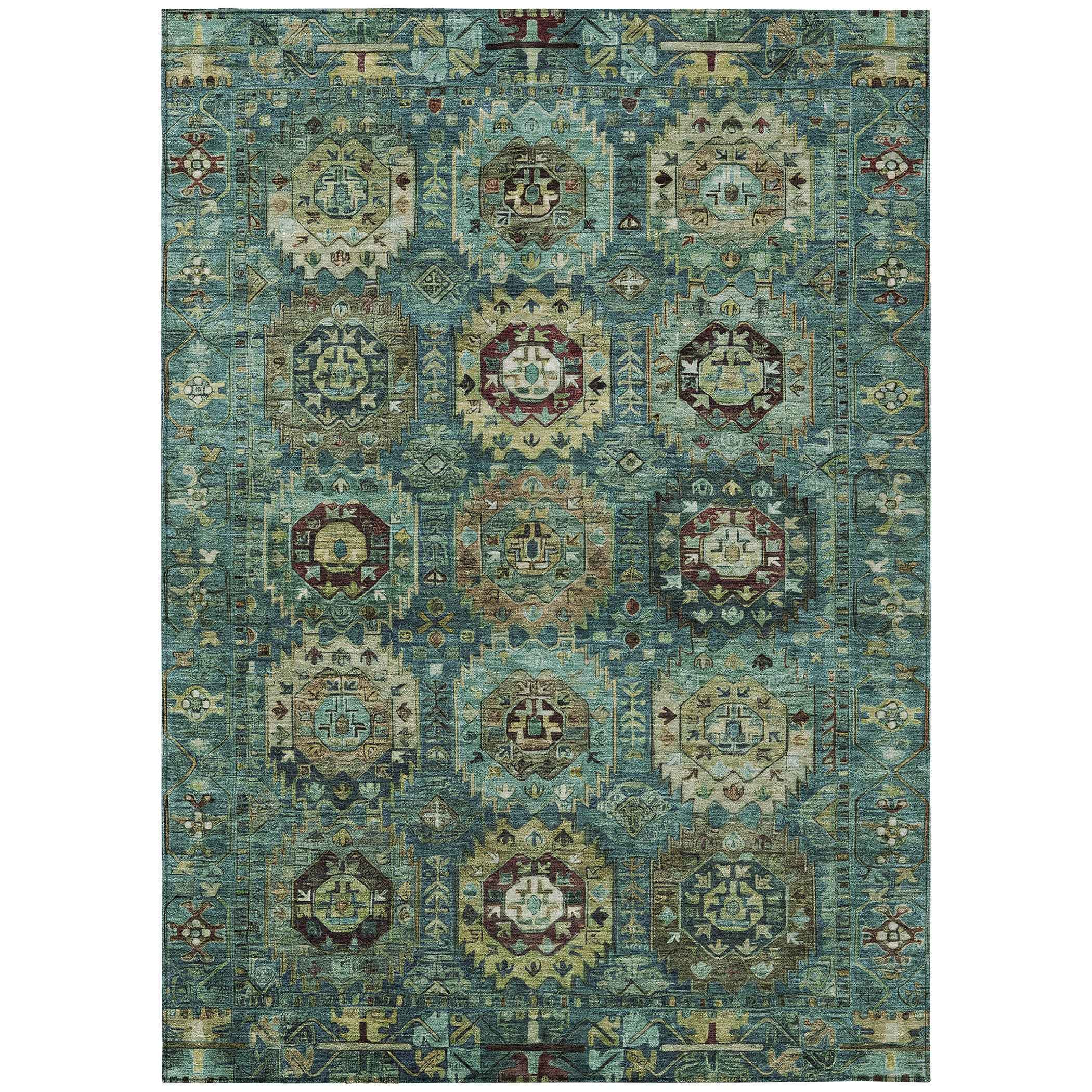 10' X 14' Teal Blue Brown And Taupe Medallion Washable Indoor Outdoor Area Rug