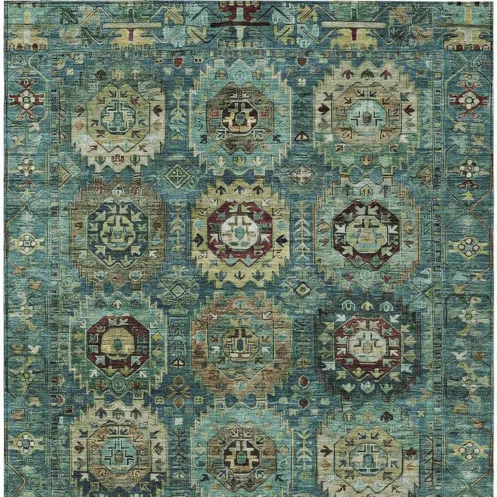 10' X 14' Teal Blue Brown And Taupe Medallion Washable Indoor Outdoor Area Rug
