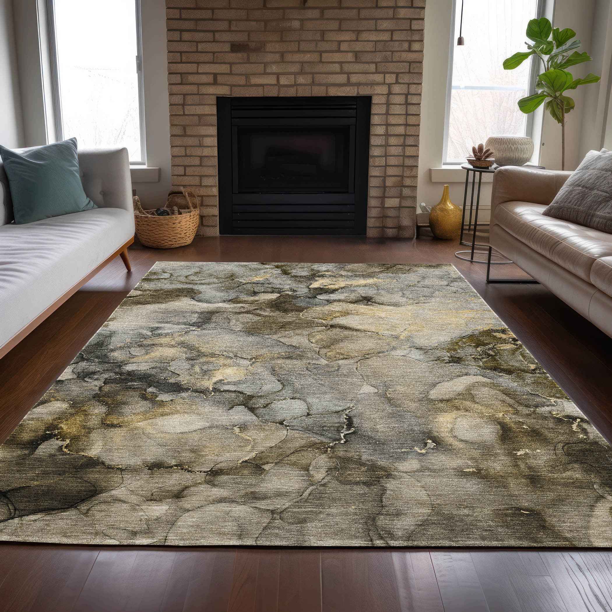 8' X 10' Pewter And Gold Abstract Washable Indoor Outdoor Area Rug