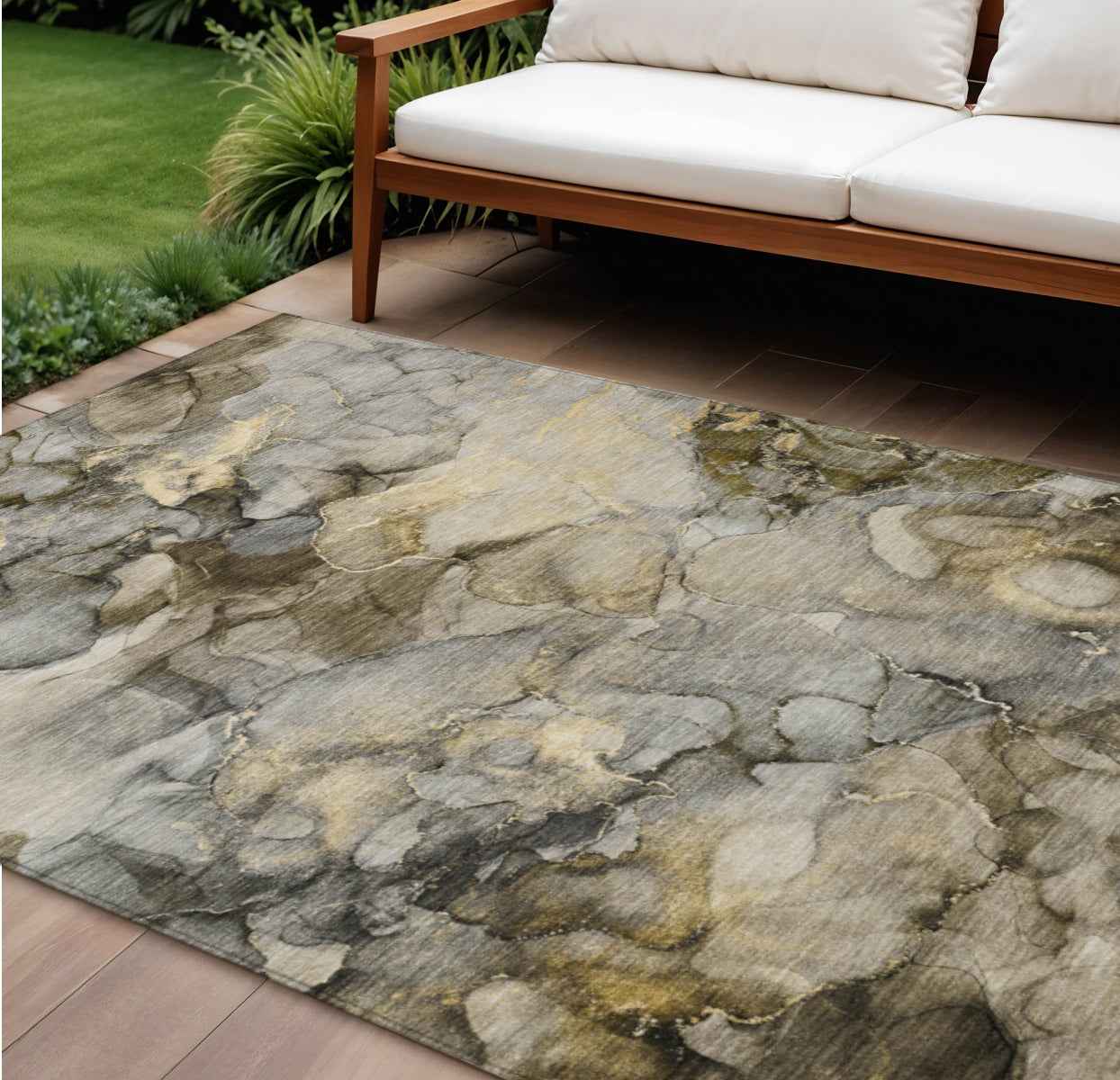8' X 10' Pewter And Gold Abstract Washable Indoor Outdoor Area Rug