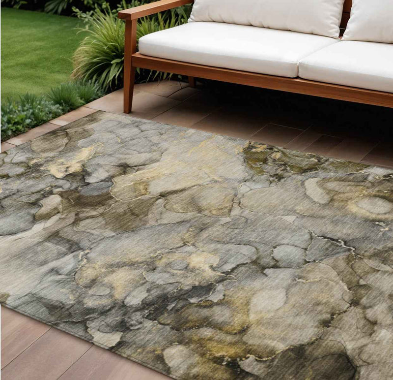 8' X 10' Pewter And Gold Abstract Washable Indoor Outdoor Area Rug