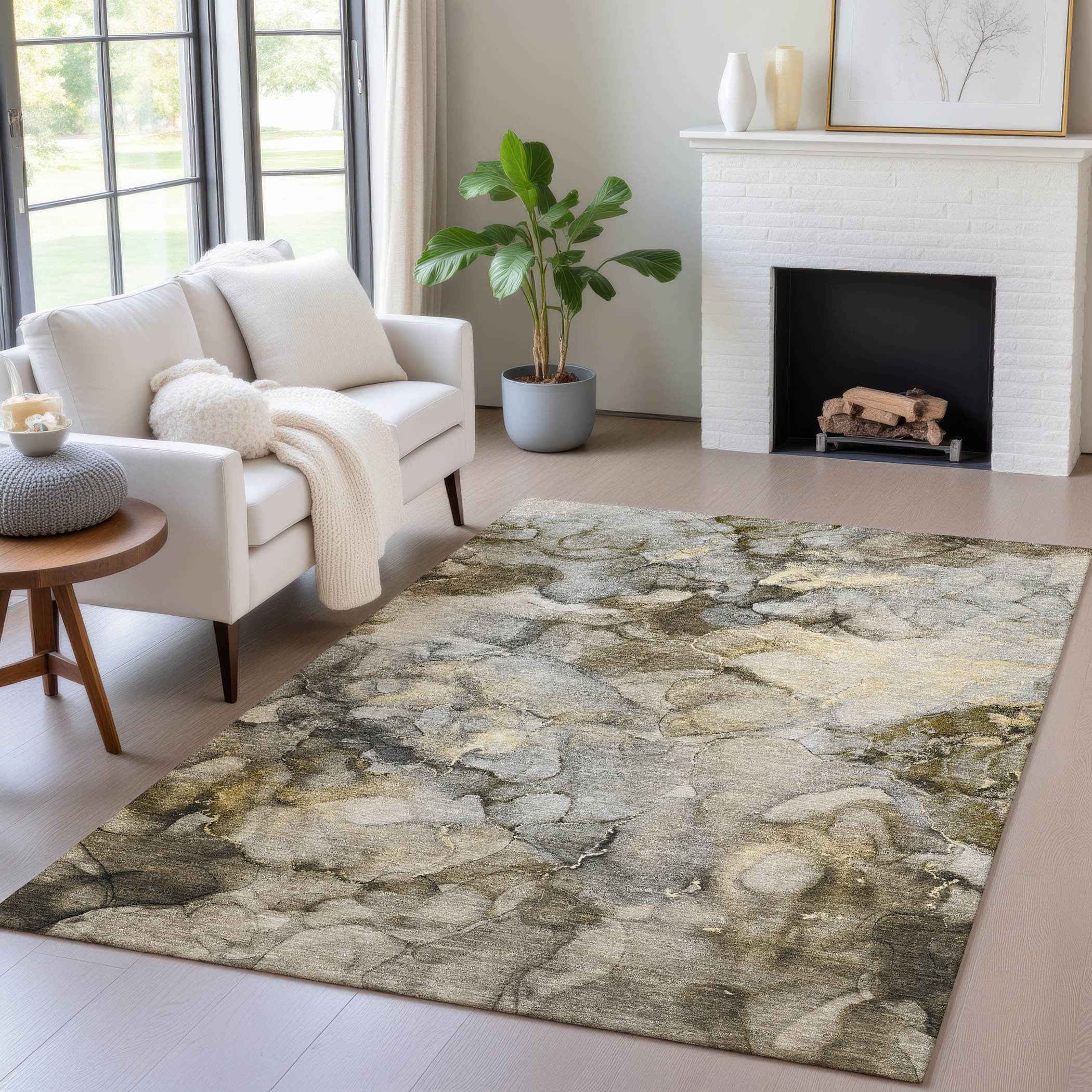 8' X 10' Pewter And Gold Abstract Washable Indoor Outdoor Area Rug