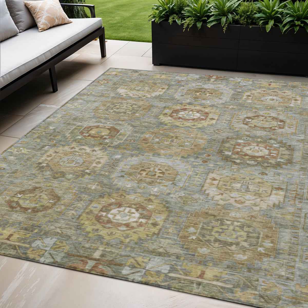 5' X 8' Sage Brown And Taupe Medallion Washable Indoor Outdoor Area Rug