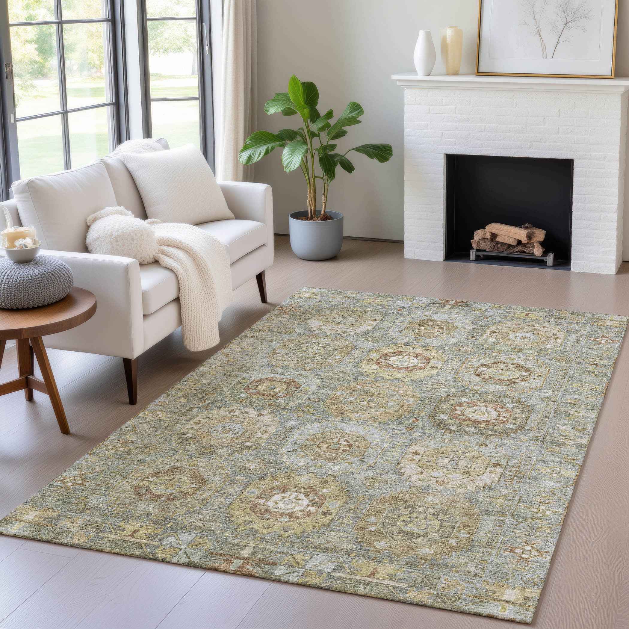 5' X 8' Sage Brown And Taupe Medallion Washable Indoor Outdoor Area Rug