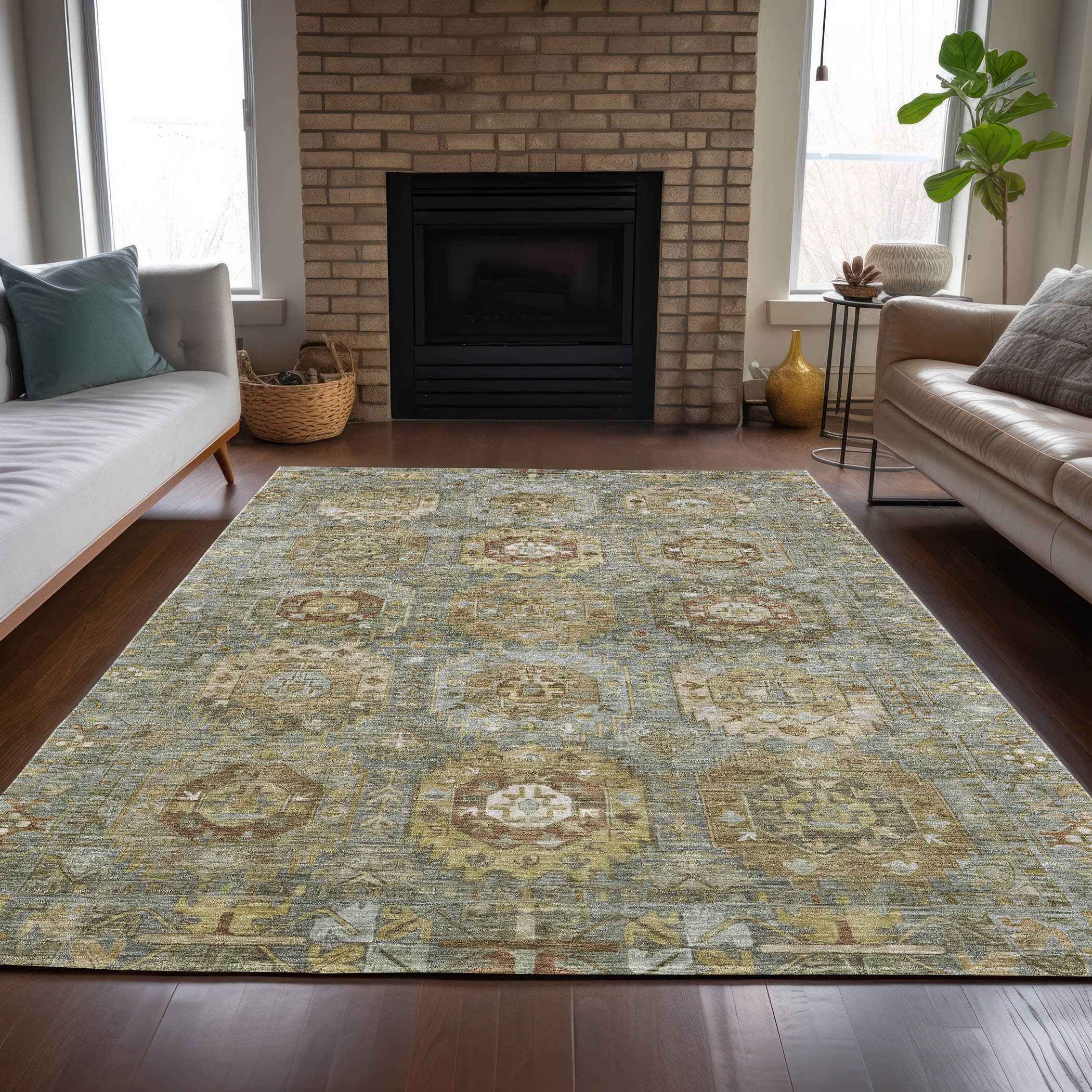 5' X 8' Sage Brown And Taupe Medallion Washable Indoor Outdoor Area Rug