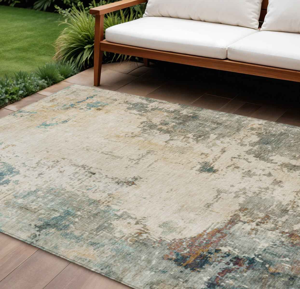8' X 10' Ivory And Taupe Abstract Washable Indoor Outdoor Area Rug