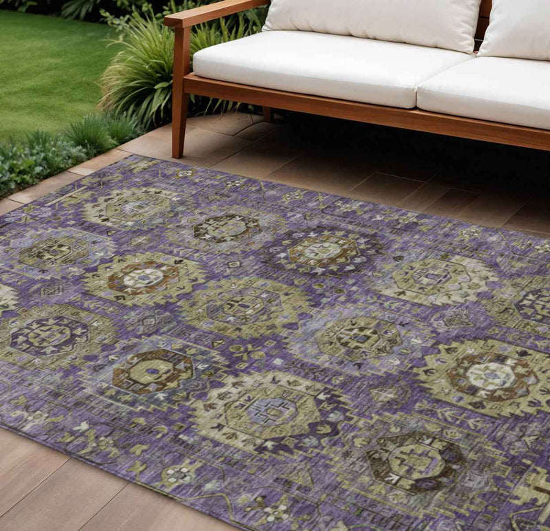 10' X 14' Eggplant Lavender And Olive Green Medallion Washable Indoor Outdoor Area Rug