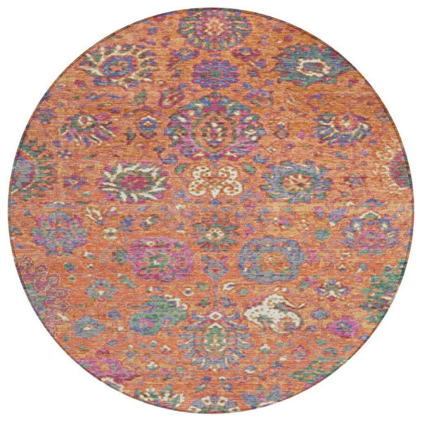 8' Orange Blue And Pink Round Floral Washable Indoor Outdoor Area Rug