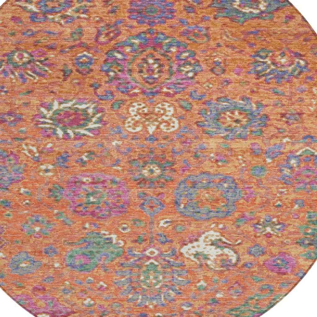 8' Orange Blue And Pink Round Floral Washable Indoor Outdoor Area Rug