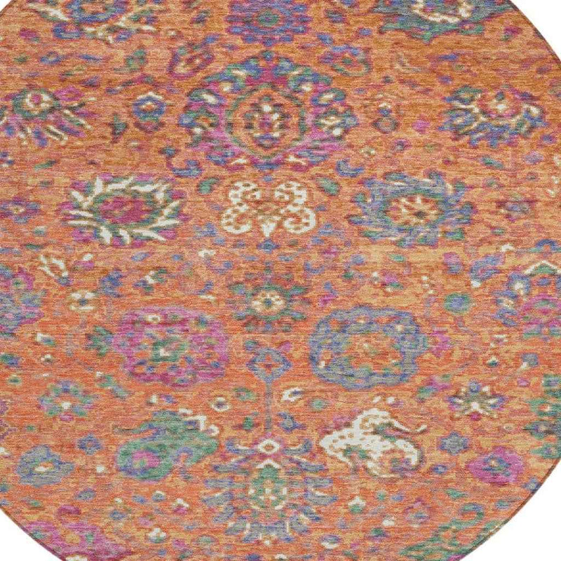 8' Orange Blue And Pink Round Floral Washable Indoor Outdoor Area Rug