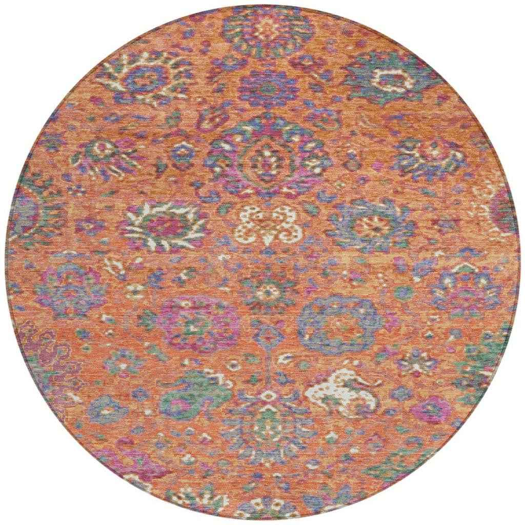 8' Orange Blue And Pink Round Floral Washable Indoor Outdoor Area Rug