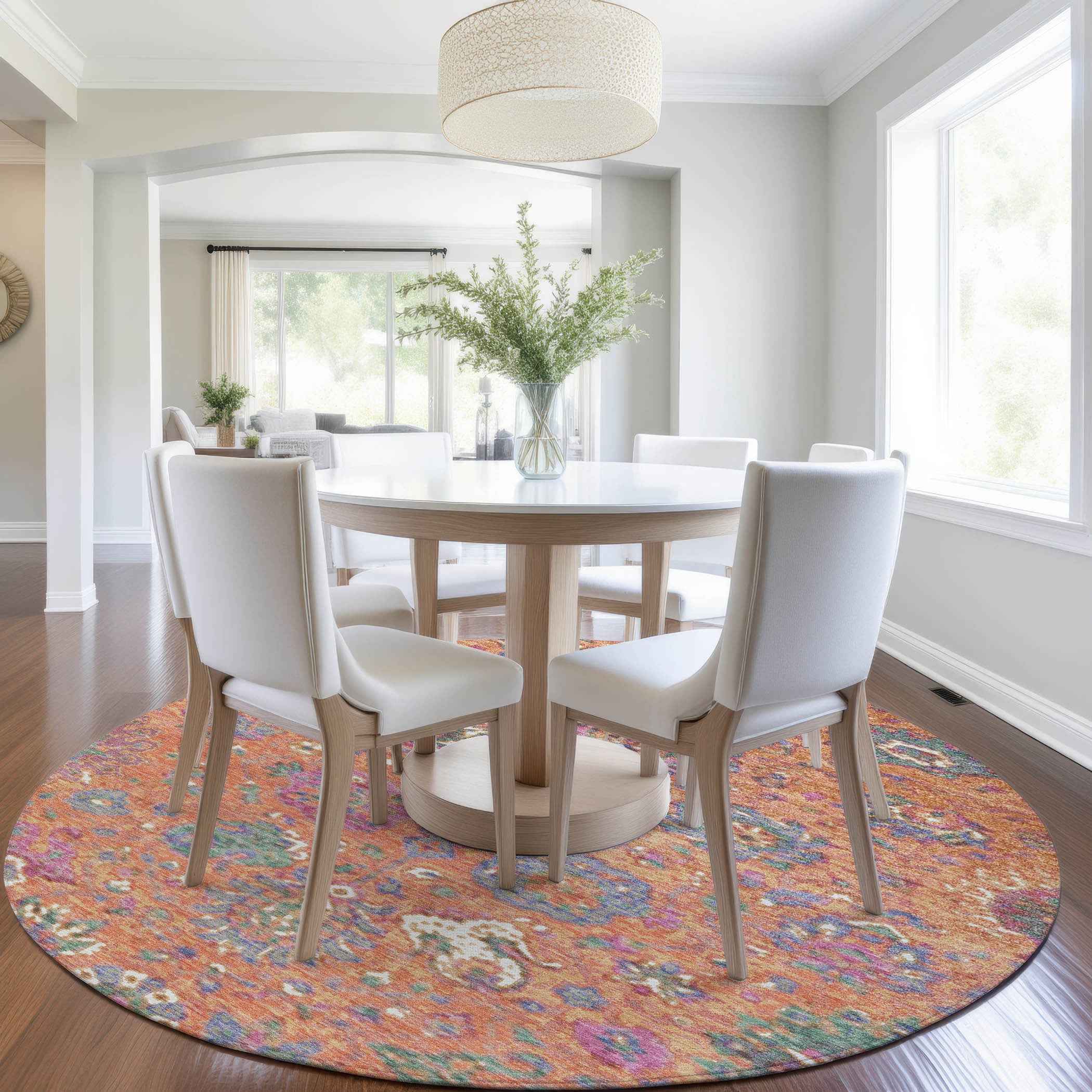 8' Orange Blue And Pink Round Floral Washable Indoor Outdoor Area Rug