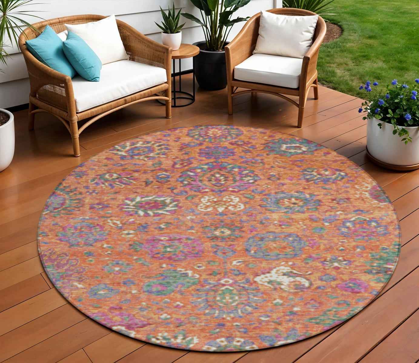 8' Orange Blue And Pink Round Floral Washable Indoor Outdoor Area Rug