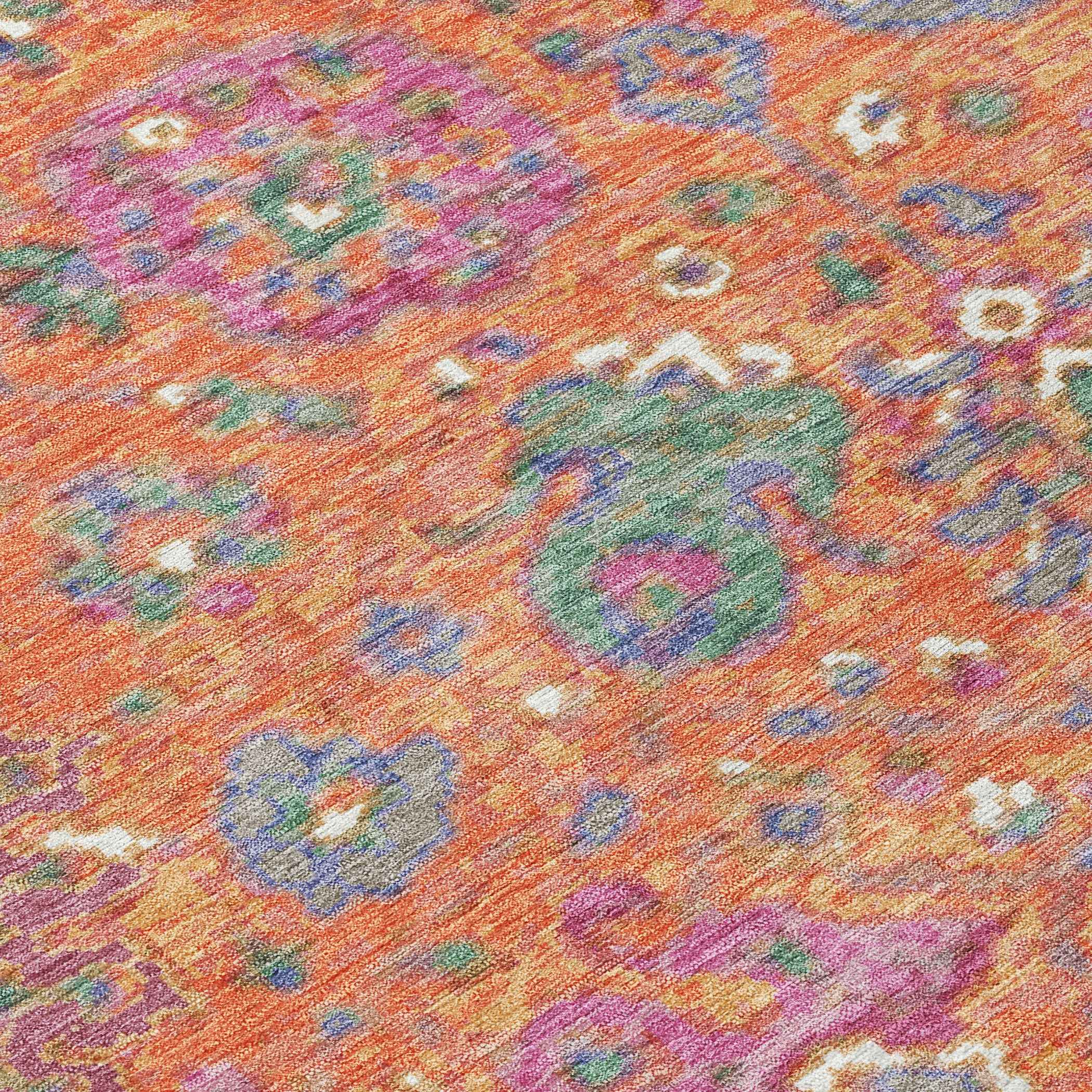 8' Orange Blue And Pink Round Floral Washable Indoor Outdoor Area Rug