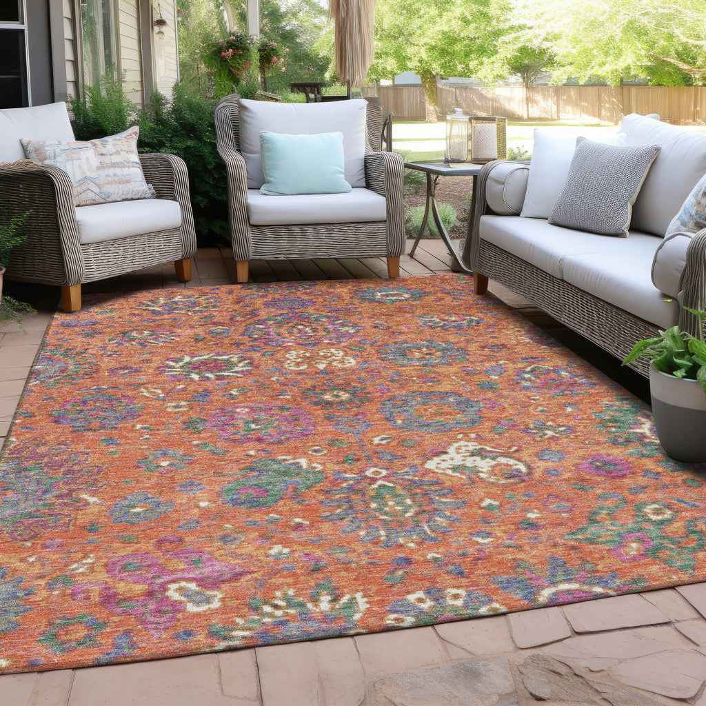 5' X 8' Orange Blue And Pink Floral Washable Indoor Outdoor Area Rug