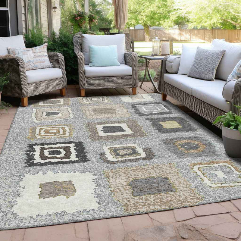 8' X 10' Gray Charcoal And Beige Geometric Washable Indoor Outdoor Area Rug