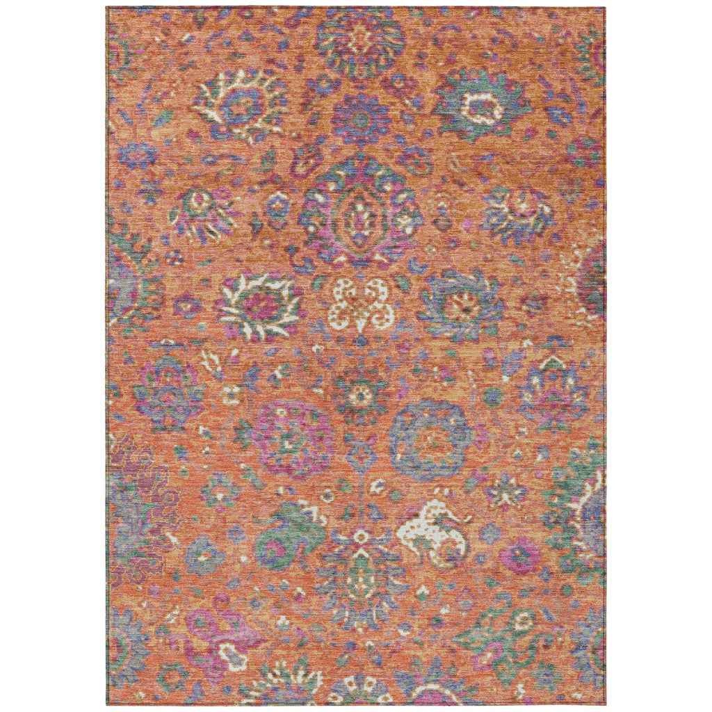 5' X 8' Orange Blue And Pink Floral Washable Indoor Outdoor Area Rug