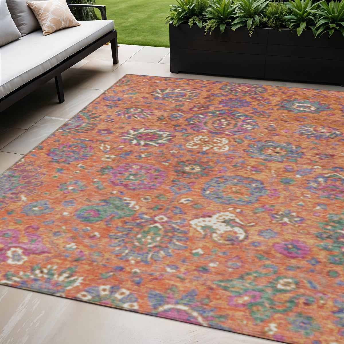 5' X 8' Orange Blue And Pink Floral Washable Indoor Outdoor Area Rug