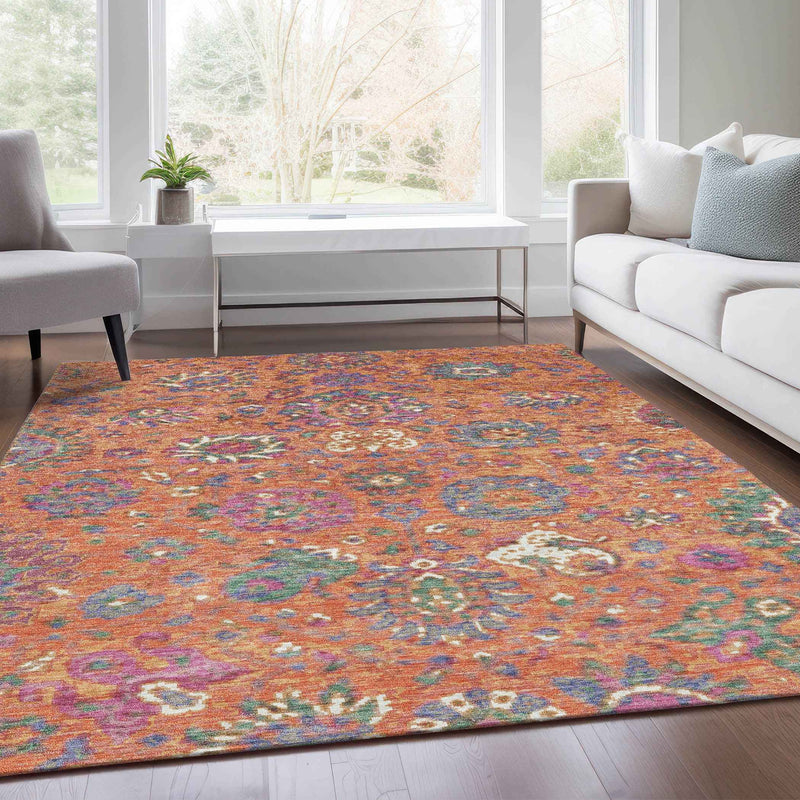 5' X 8' Orange Blue And Pink Floral Washable Indoor Outdoor Area Rug