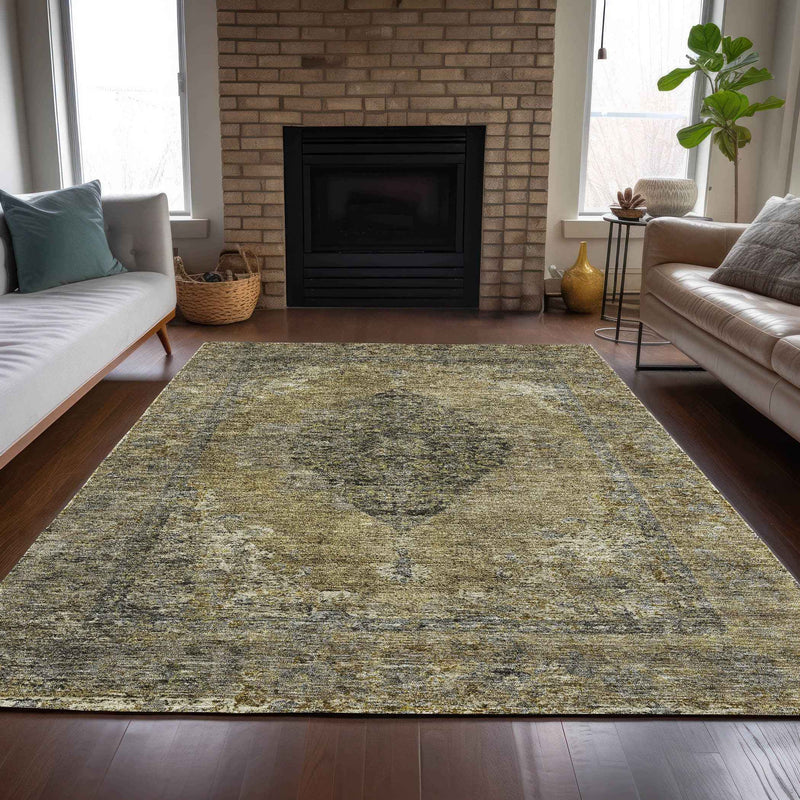 9' X 12' Khaki And Beige Medallion Washable Indoor Outdoor Area Rug