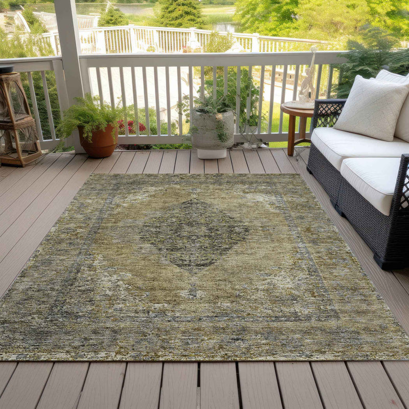 9' X 12' Khaki And Beige Medallion Washable Indoor Outdoor Area Rug