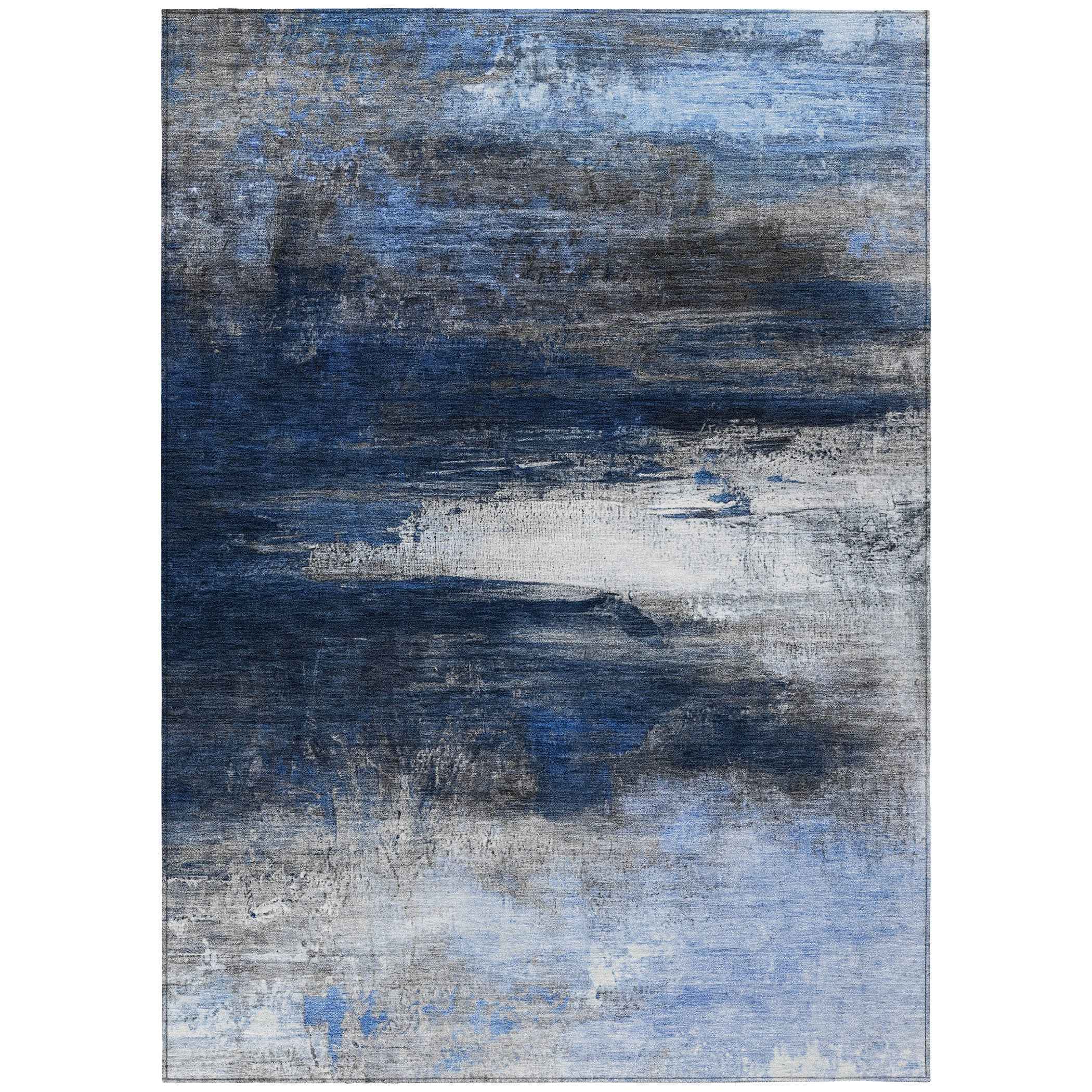 9' X 12' Navy Blue Charcoal And Ivory Abstract Washable Indoor Outdoor Area Rug