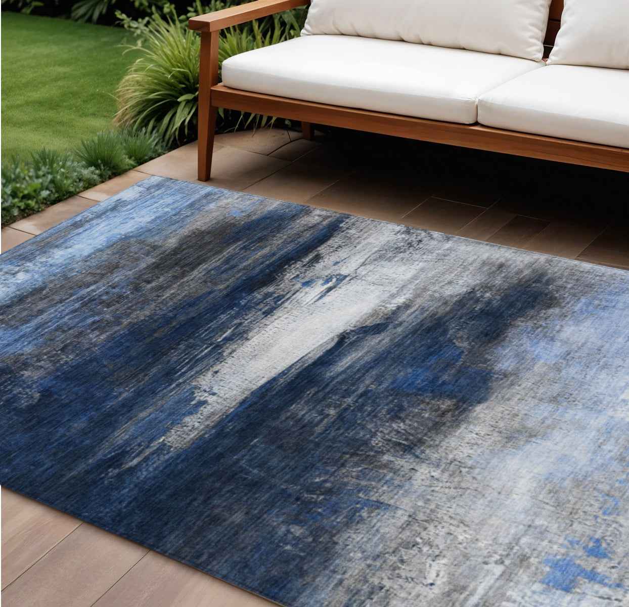 9' X 12' Navy Blue Charcoal And Ivory Abstract Washable Indoor Outdoor Area Rug