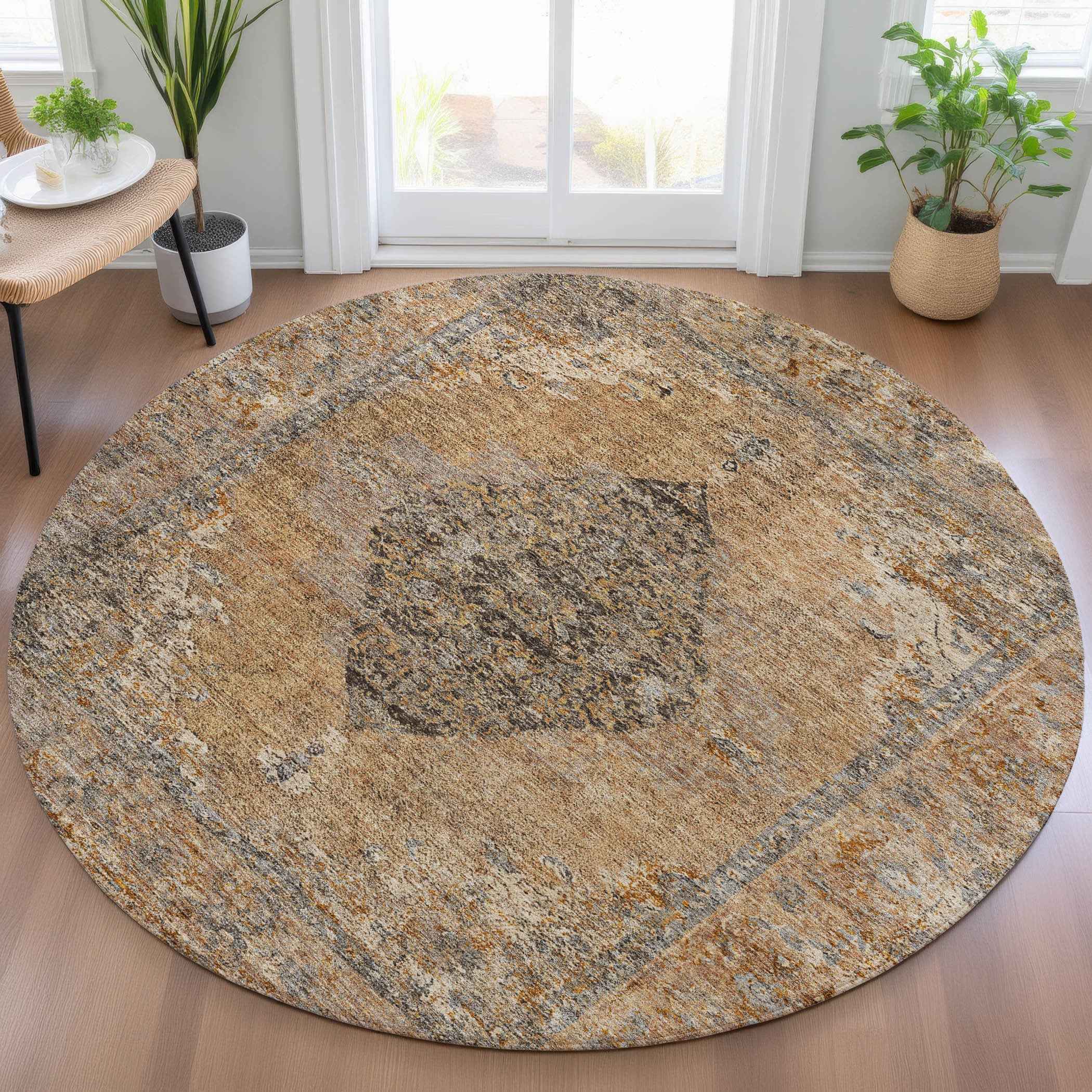 8' Copper And Taupe Round Medallion Washable Indoor Outdoor Area Rug