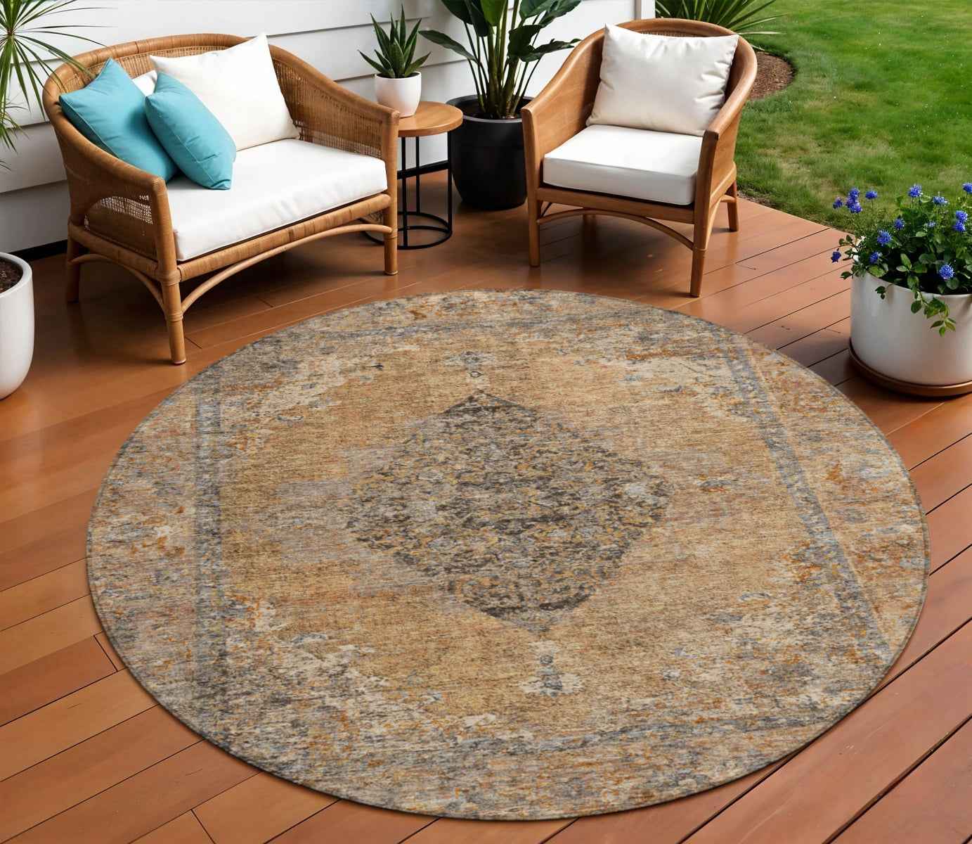 8' Copper And Taupe Round Medallion Washable Indoor Outdoor Area Rug