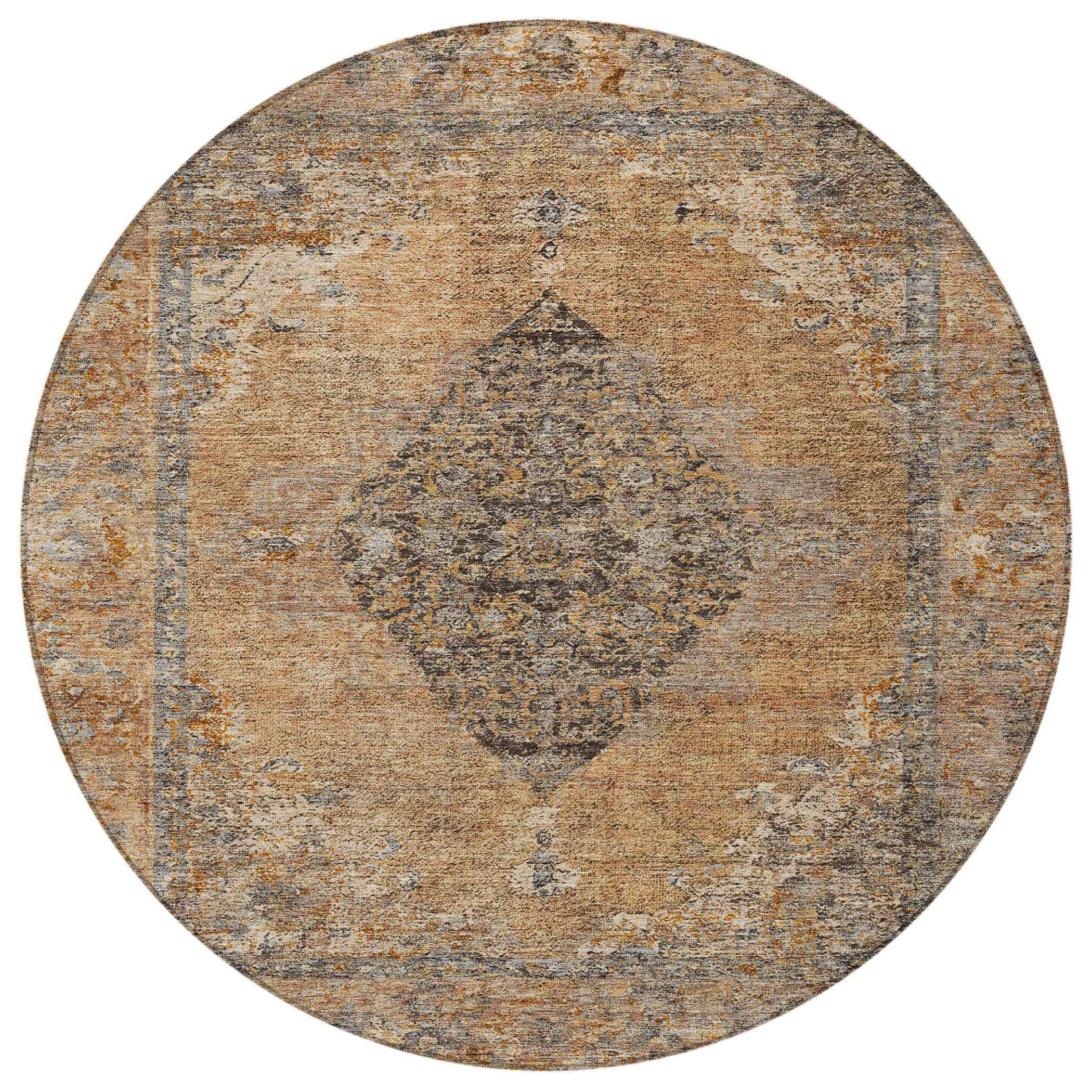 8' Copper And Taupe Round Medallion Washable Indoor Outdoor Area Rug
