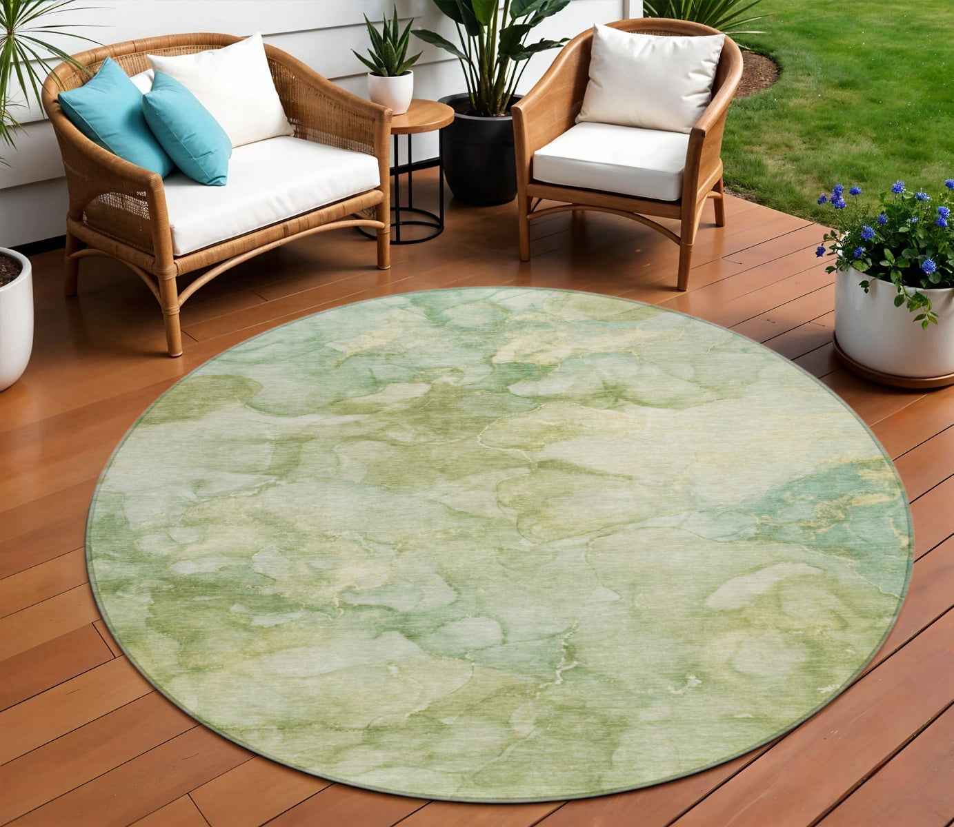 8' Artichoke Green And Beige Round Abstract Washable Indoor Outdoor Area Rug