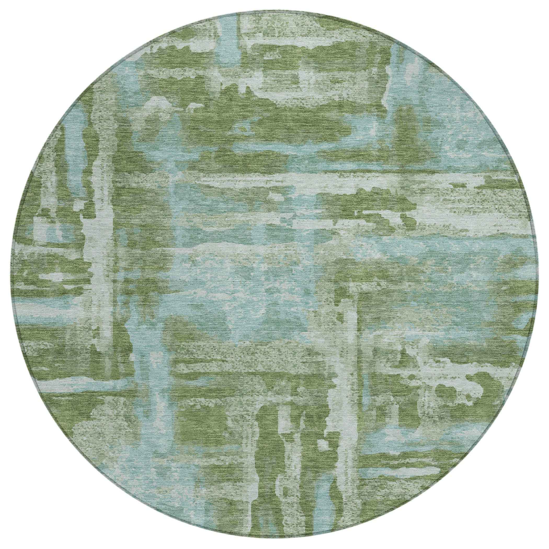 8' Fern Green And Sky Blue Round Abstract Washable Indoor Outdoor Area Rug