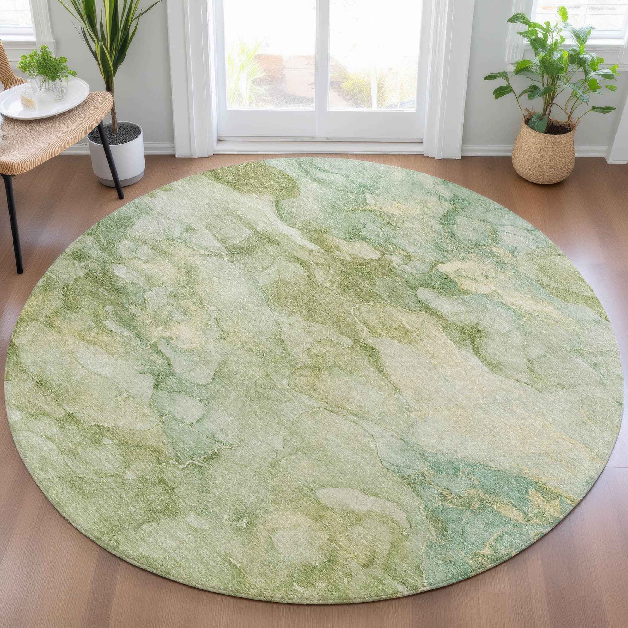 8' Artichoke Green And Beige Round Abstract Washable Indoor Outdoor Area Rug