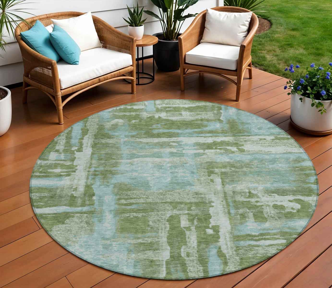 8' Fern Green And Sky Blue Round Abstract Washable Indoor Outdoor Area Rug