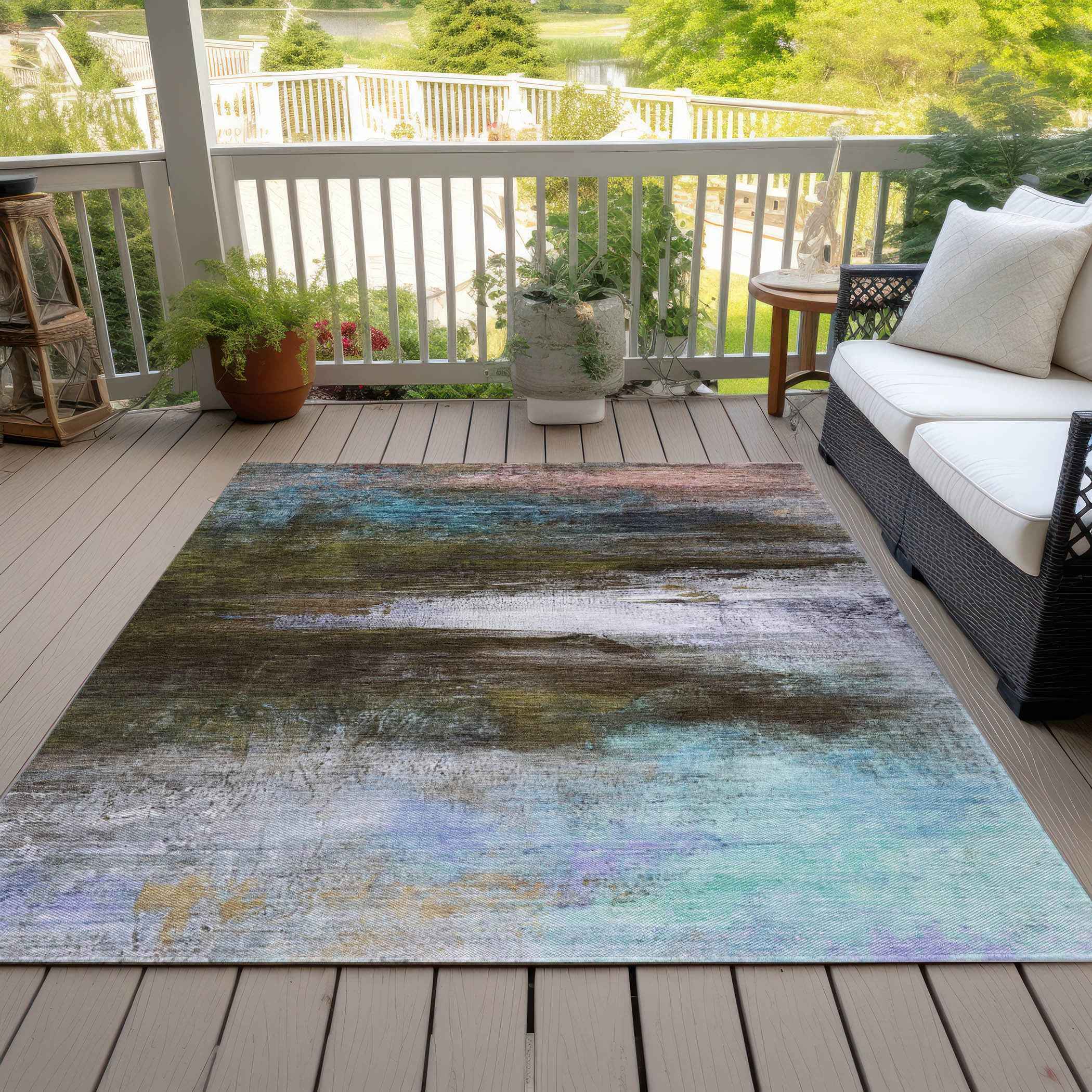 9' X 12' Brown Teal Blue And Blush Abstract Washable Indoor Outdoor Area Rug