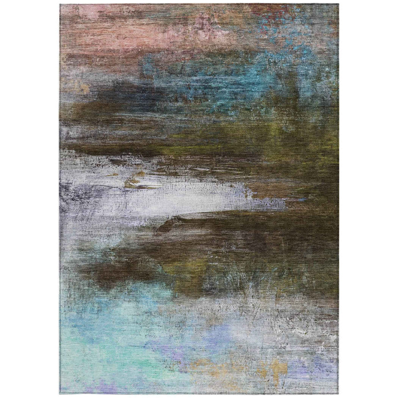 9' X 12' Brown Teal Blue And Blush Abstract Washable Indoor Outdoor Area Rug
