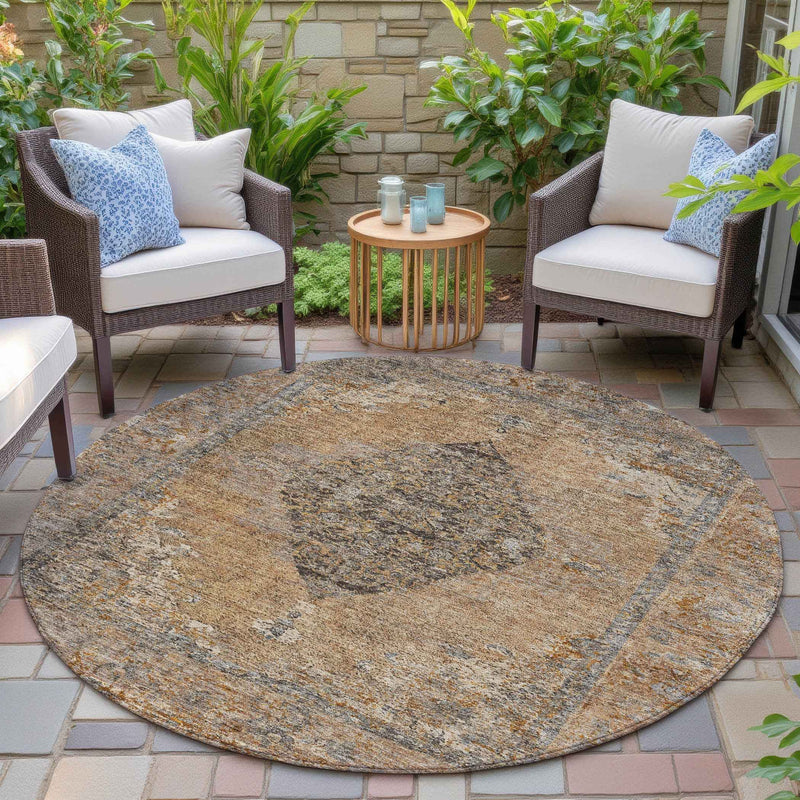 8' Copper And Taupe Round Medallion Washable Indoor Outdoor Area Rug