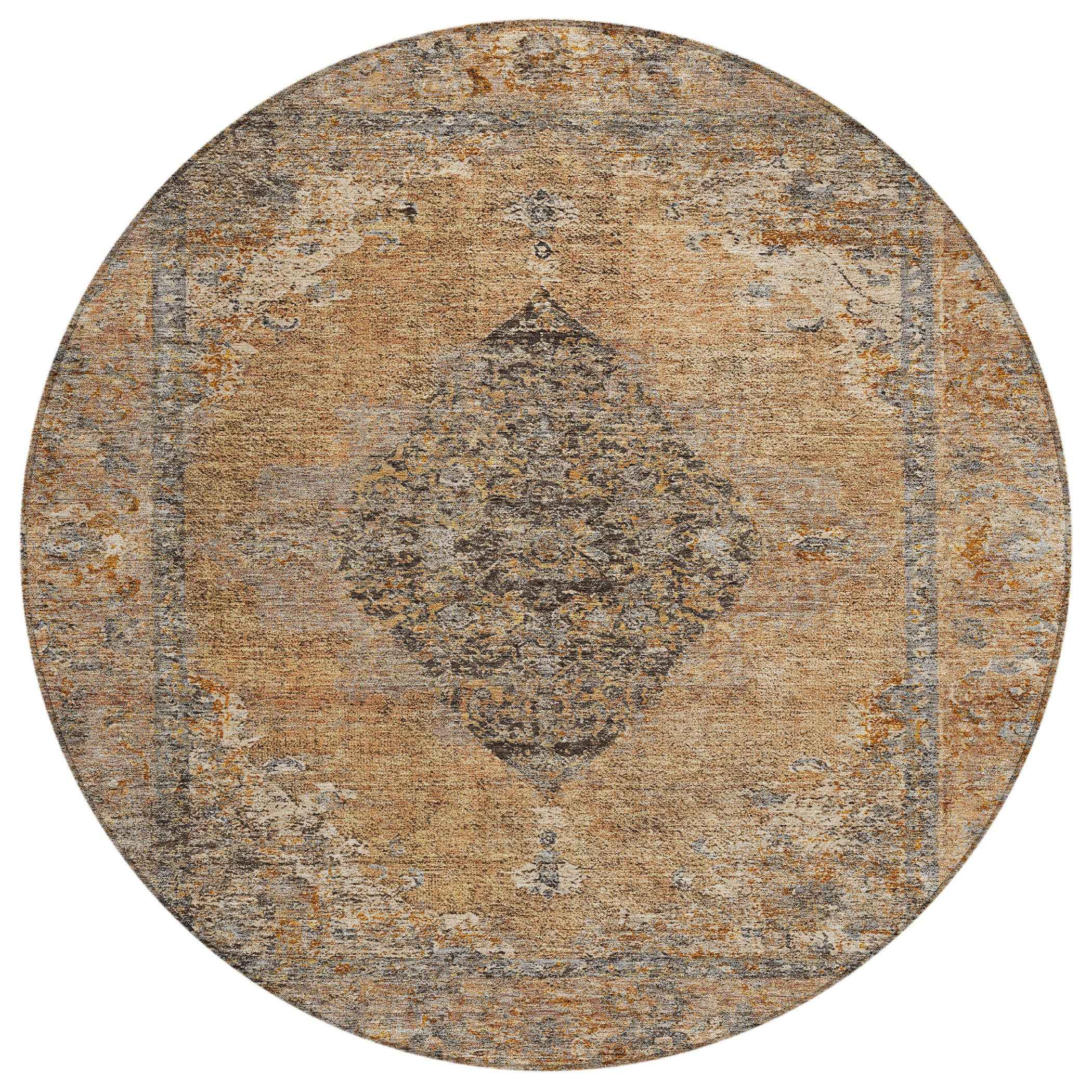 8' Copper And Taupe Round Medallion Washable Indoor Outdoor Area Rug