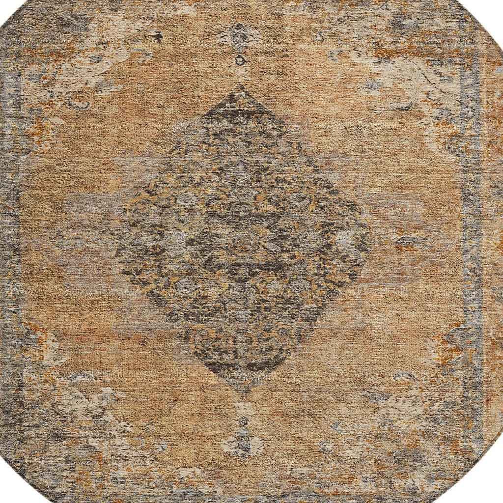 8' Copper And Taupe Round Medallion Washable Indoor Outdoor Area Rug