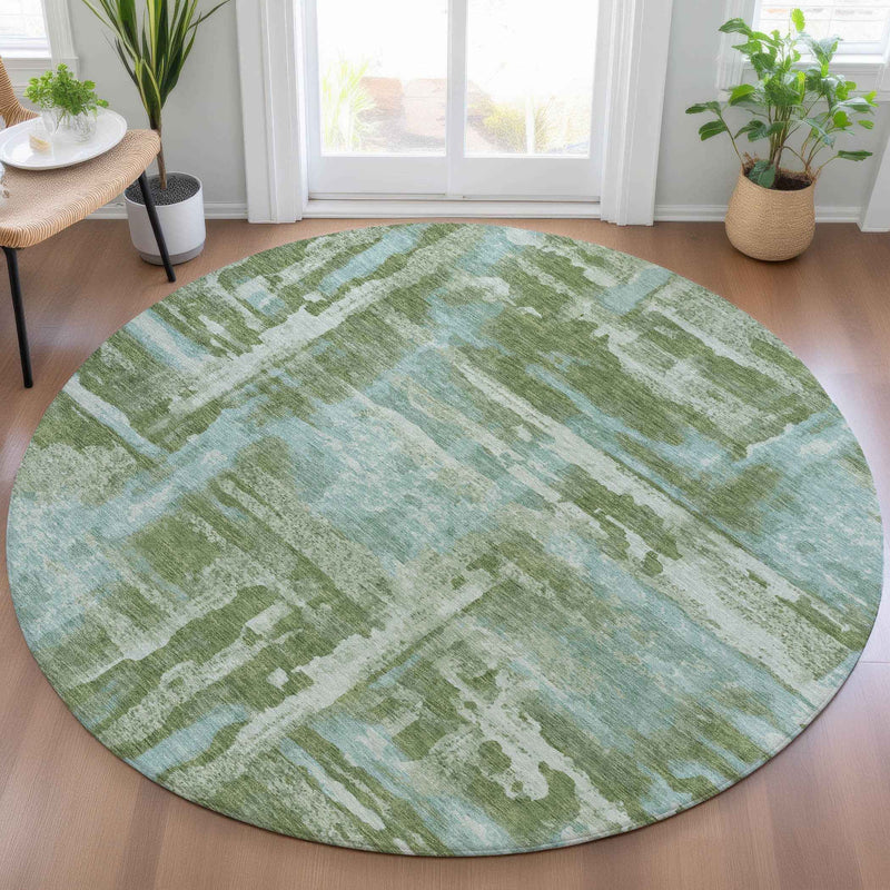 8' Fern Green And Sky Blue Round Abstract Washable Indoor Outdoor Area Rug