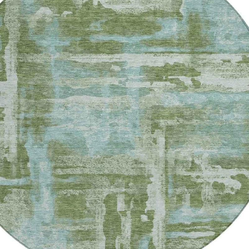 8' Fern Green And Sky Blue Round Abstract Washable Indoor Outdoor Area Rug