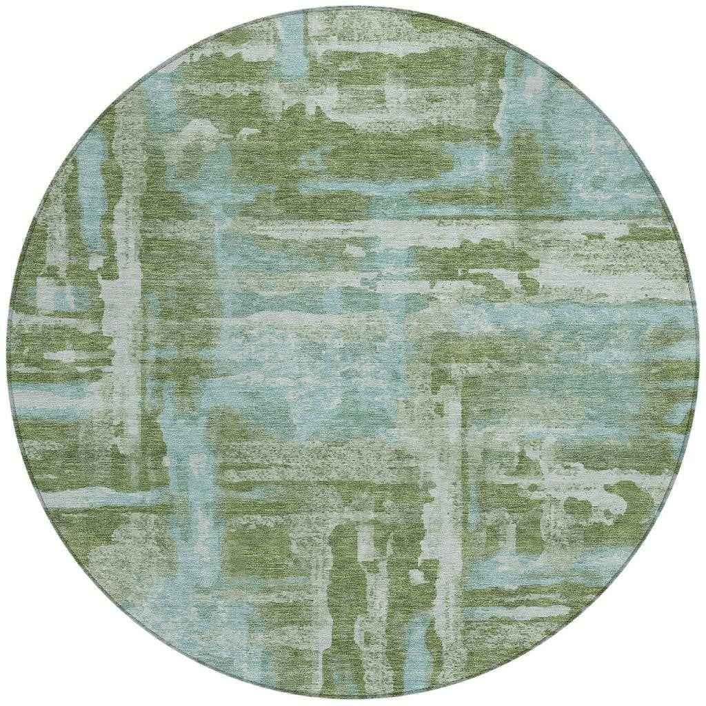 8' Fern Green And Sky Blue Round Abstract Washable Indoor Outdoor Area Rug